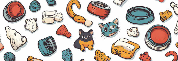 Pet shop supplies, including food bowls, toys, beds, and accessories for cats and dogs in a seamless pattern-