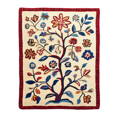 A colorful wool rug with intricate floral designs, bringing vibrancy and warmth to any room, isolated on a transparent background 