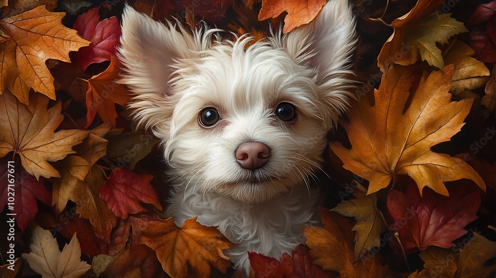 Aufkleber adorable white dog peering through a colorful array of autumn leaves its soft pink nose prominent th