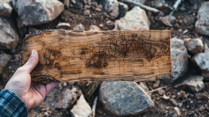Fototapeta premium Hand Holding Rustic Wooden Plank Outdoors