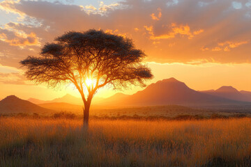 African Sunset Landscape - Golden Hour Over Savanna