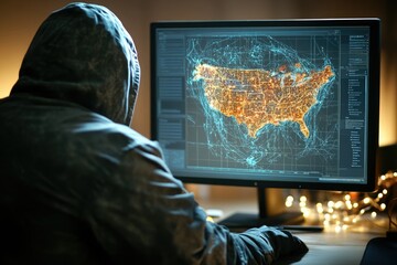 Anonymous individual analyzes a digital map of the United States in a dimly lit room at night