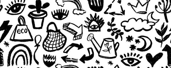 Seamless pattern  of various elements drawn with charcoal pencil, eyes, leaves, arrows, crown, clouds, rainbow. Vector abstract arrows, ribbons, crowns, hearts, eyes and other elements 