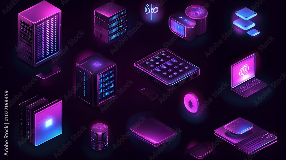 Poster set of server room icons illustrating 3d databases and lighting technology objects in ultraviolet il