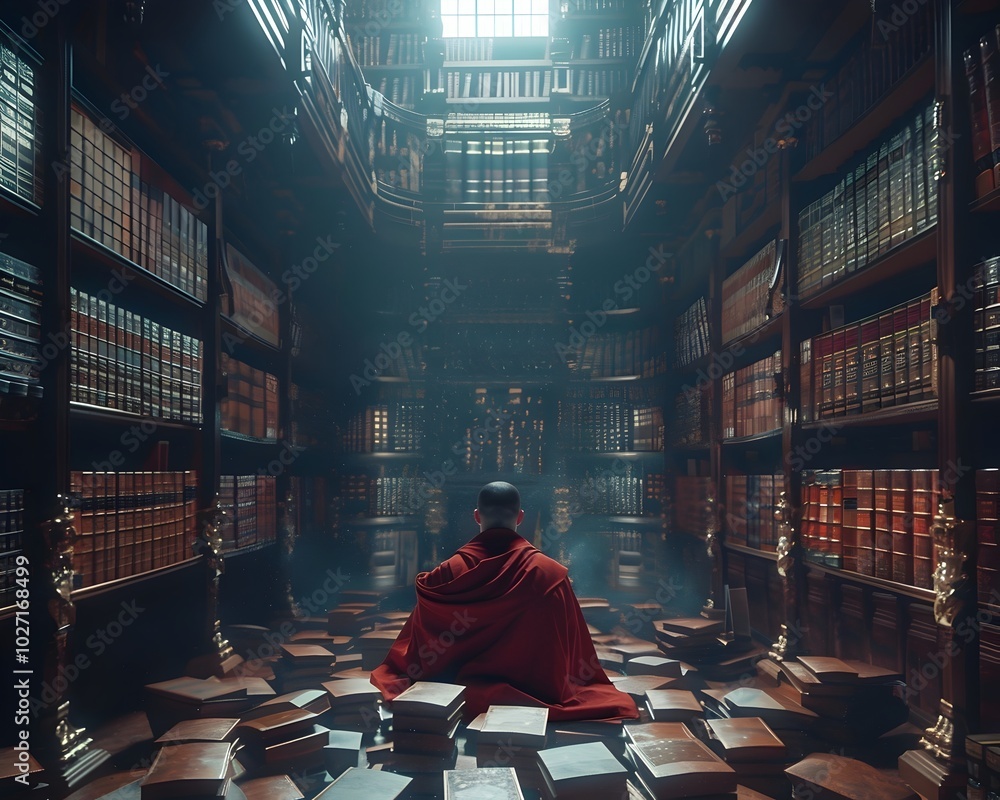 Aufkleber monk surrounded by books and scrolls in ancient library pursuing knowledge