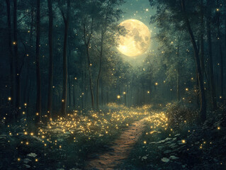 Fototapeta premium Enchanted Forest Path with Fireflies and Moonlight