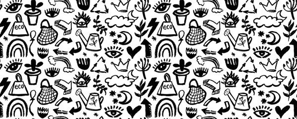 Seamless pattern  of various elements drawn with charcoal pencil, eyes, leaves, arrows, crown, clouds, rainbow. Vector abstract arrows, ribbons, crowns, hearts, eyes and other elements in hand drawn s