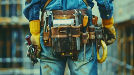 Close-up of a construction worker with a bag and tools kit worn on the waist. A maintenance worker with tools in a tools belt and artisan equipment.