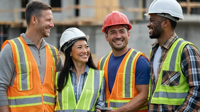 Diverse group of construction workers smiling together at residential site