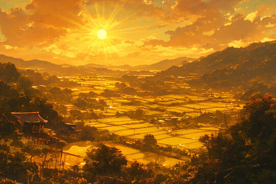 Golden Rays of the Sun Illuminating a Rural Landscape, Capturing the Abundance and Energy of Nature with a Hand-Drawn Touch Emphasizing Its Richness