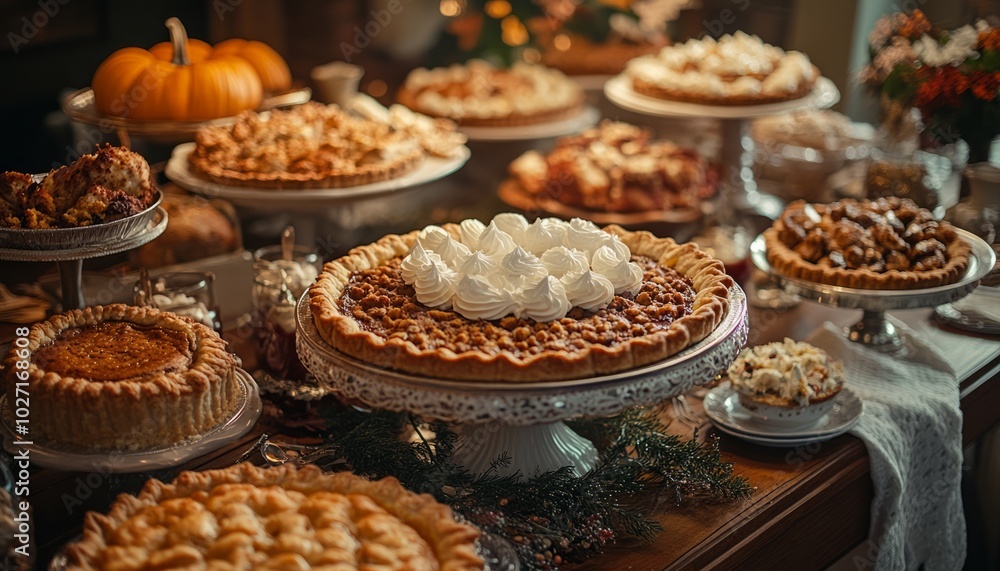 Canvas Prints A table full of various pies for a Thanksgiving feast.