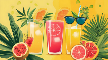 Tropical fruit drinks with palm leaves and sunglasses  a vibrant summer theme  illustration  -