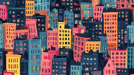 Obraz premium Vibrant seamless pattern showcasing city life, urban scenes, and buildings -