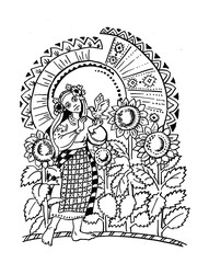 Illustration of a Ukrainian woman with a nightingale and sunflowers