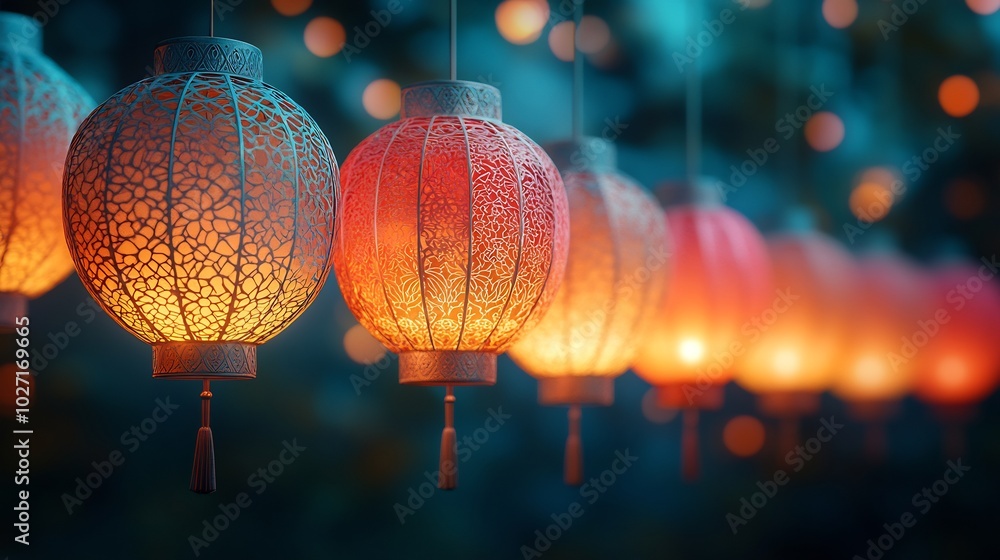 Poster array of paper graphic indian lanterns with intricate cutout patterns lit from within set against a 