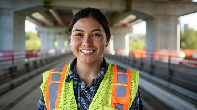Native American female construction worker smiling with safety vest near bridge construction
