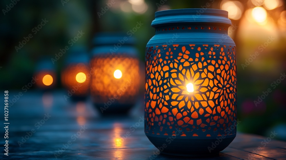 Poster array of paper graphic indian lanterns with intricate cutout patterns lit from within set against a 