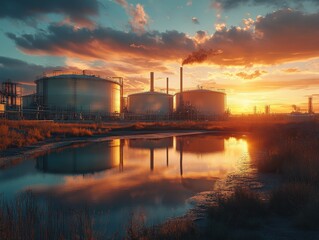 Industrial Oil Refinery at Sunset With Reflective Water View