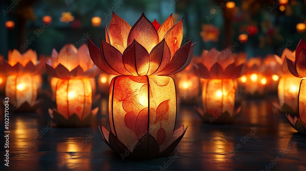 Poster array of paper graphic indian lanterns with intricate cutout patterns lit from within set against a 