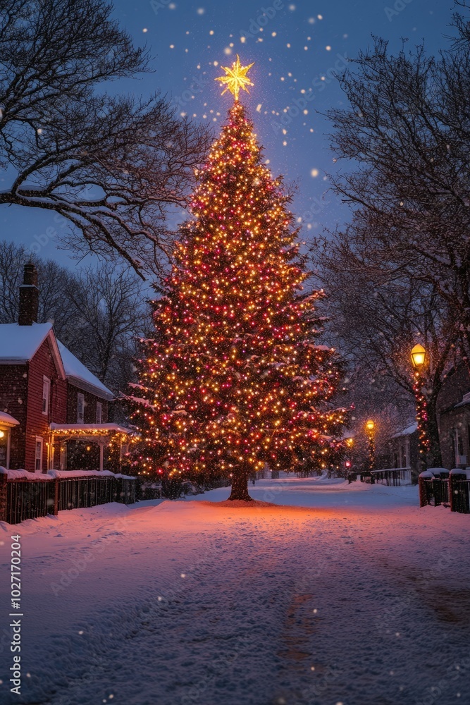 Canvas Prints A tall, illuminated Christmas tree stands in the snow-covered center of a small town street, with a star on top and twinkling lights.