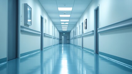 A long, sterile hospital corridor with white walls and blue floors, with doors leading to rooms on either side. The corridor is empty, with no people in sight.