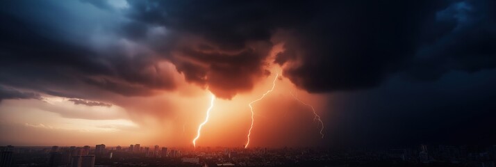Two striking bolts of lightning illuminate a cloudy sky above the cityscape as dusk falls, creating a powerful scene of nature's intensity and unpredictability.