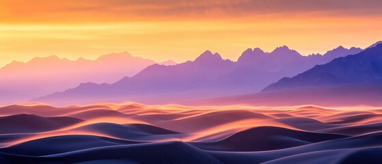 Obraz premium Sunrise over rolling sand dunes in the American desert with mountains in the distance
