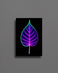 Neon hues accentuating the details of a leaf on plain black background