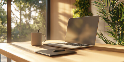 A clean desk with a sleek laptop, a ceramic coffee mug, and a notebook, bathed in soft natural light from a large window in a modern office.