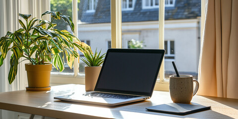 A clean desk with a sleek laptop, a ceramic coffee mug, and a notebook, bathed in soft natural light from a large window in a modern office.