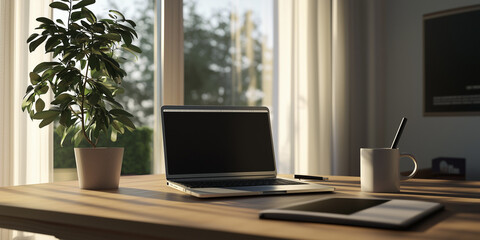 A clean desk with a sleek laptop, a ceramic coffee mug, and a notebook, bathed in soft natural light from a large window in a modern office.