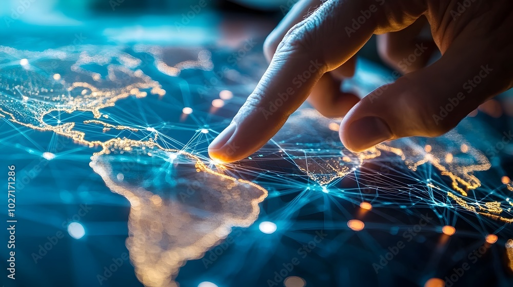 Poster close up of a leader s hand pointing at a global communication network map