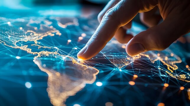 Close up of a Leader s Hand Pointing at a Global Communication Network Map