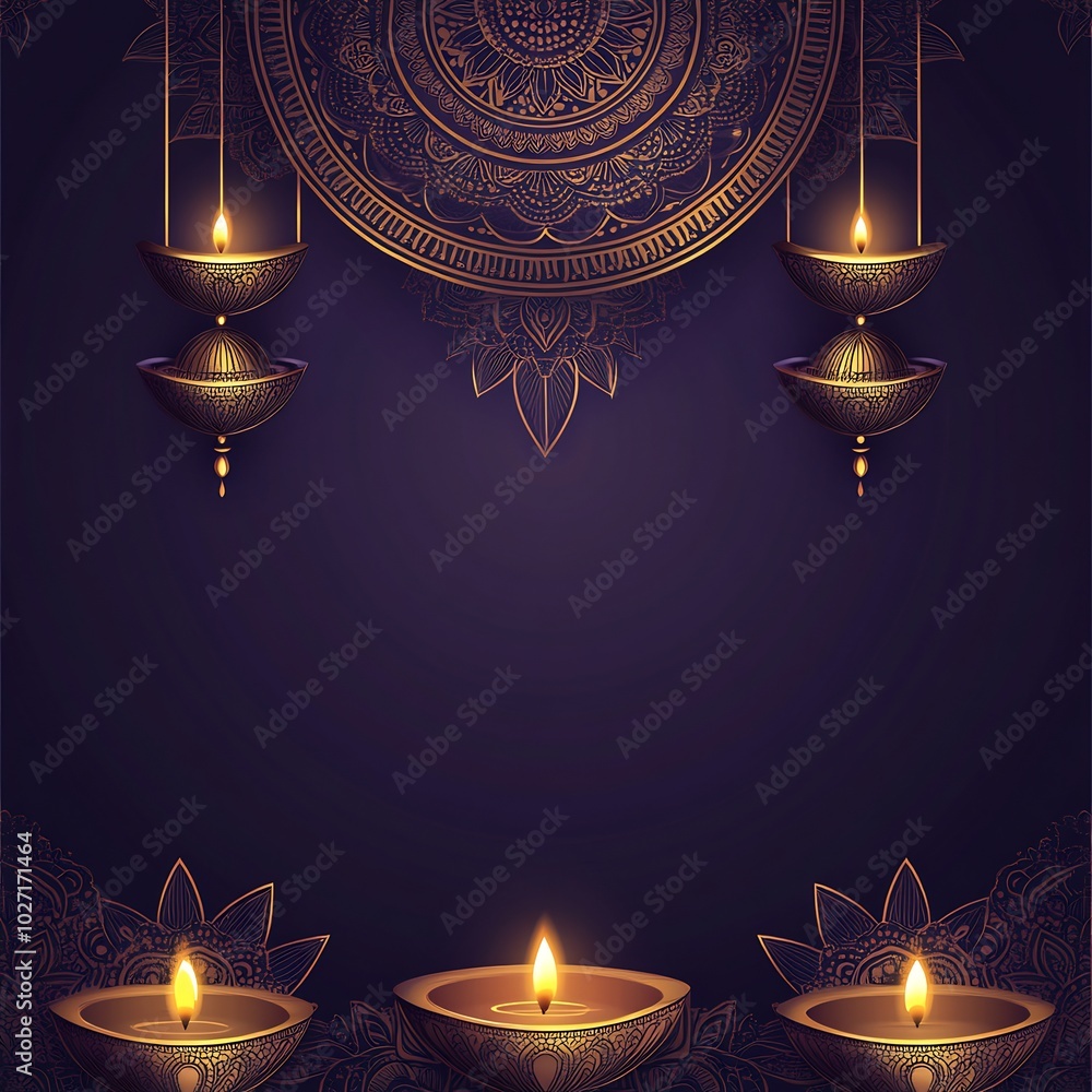 Poster Elegant Diwalithemed vector background with golden mandalas diyas and traditional Indian motifs on a dark purple gradient A large space is left open at the bottom for a Diwali greeting