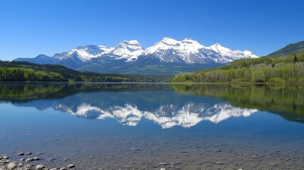 Snow-capped mountains reflected in the crystal-clear lakes of the American Rockies