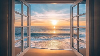 A breathtaking sunset over the ocean viewed through an open window.