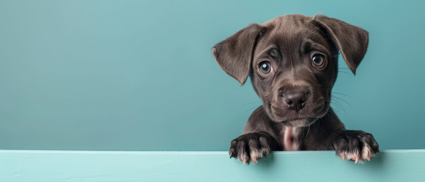 Telomian Puppy Looking Forward While Peeking Over the Bottom Edge of a Blank White Billboard with Its Paws Resting on the Frame