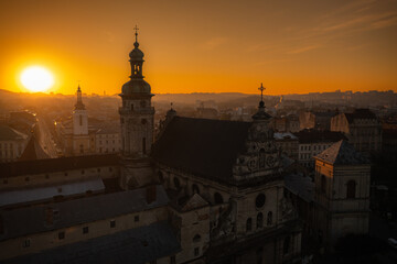Panoramic aerial view on Lviv from drone
