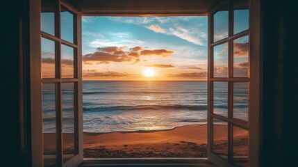 A breathtaking sunset view through an open window overlooking a sandy beach and the ocean. © musa