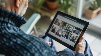 Elderly man using tablet for photo browsing in cozy home setting