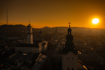 Panoramic aerial view on Lviv from drone