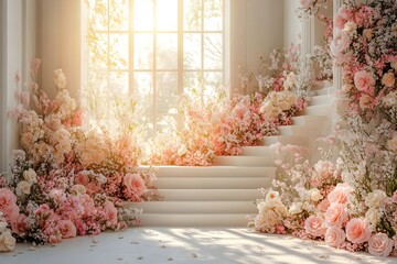 Beautiful wedding backdrop with flowers and staircase generative AI	