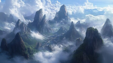 A dramatic view of jagged Asian mountain peaks with clouds hovering above