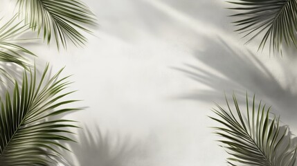 Palm leaves cast shadows on a white background, creating a tropical, minimal frame.