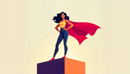 Empowered young woman dressed as a superhero standing proudly on a pedestal with a flowing cape