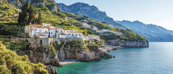 A picturesque village nestled between steep cliffs along the Amalfi Coast