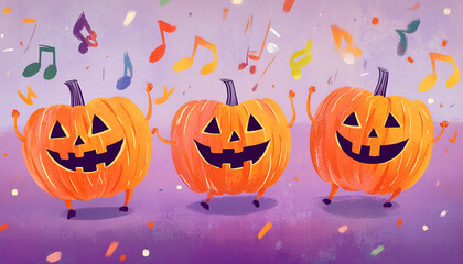 Three animated jack-o'-lantern pumpkins dancing with arms raised, on a purple background with colorful musical notes and confetti. Ideal for Halloween parties, decor, and wallpaper.