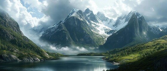 A dramatic view of fjords surrounded by snow-capped peaks in Norway