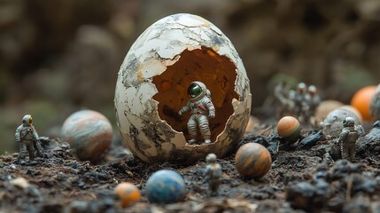 Enchanting image of a miniature astronaut breaking free from a cracked egg on the moon with cosmic dust swirling around and distant planets shimmering against the vastness of space