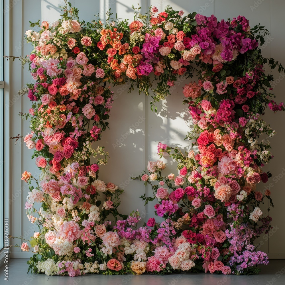 Wall mural A vibrant floral arch made of pink, orange, and red roses with green foliage against a white wall.